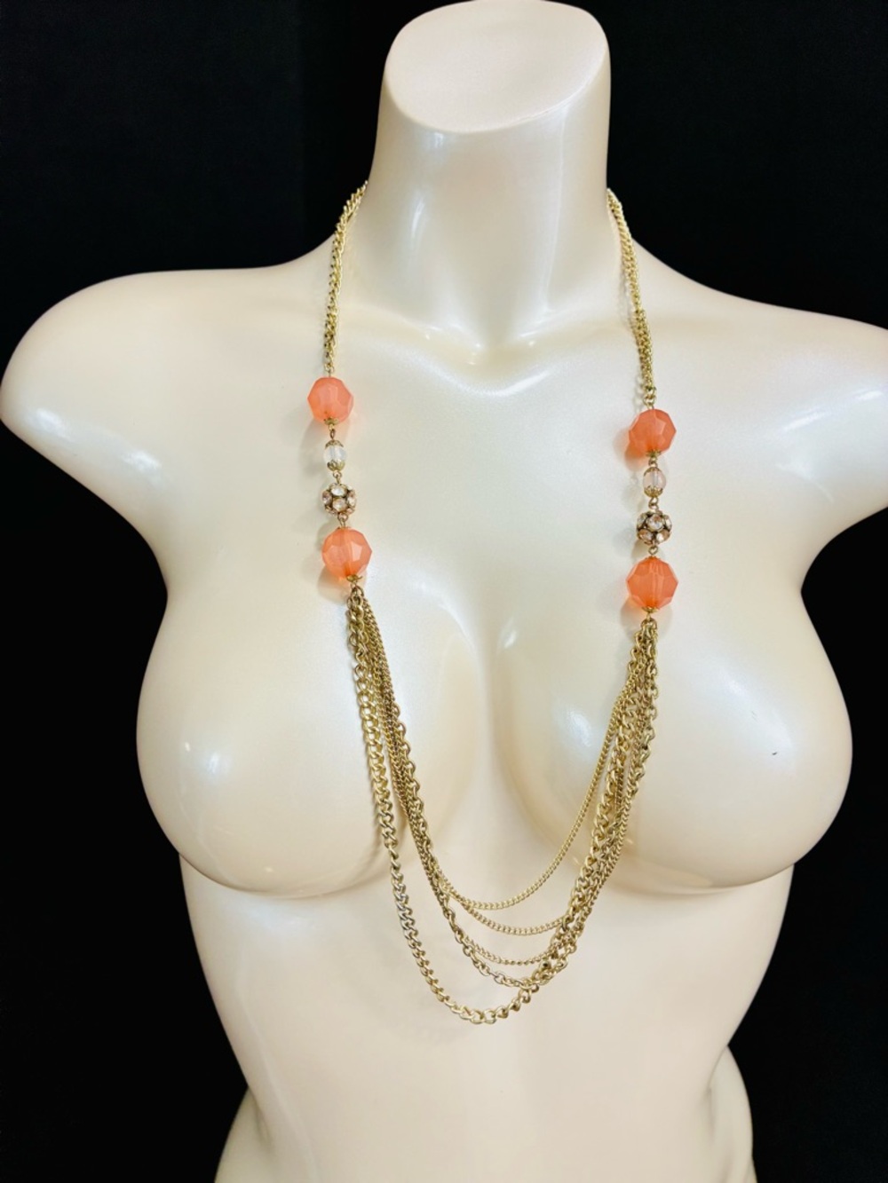 Gold Tone Multi-Chain Necklace with Coral Tone Faceted Beads Feminine Casual EUC